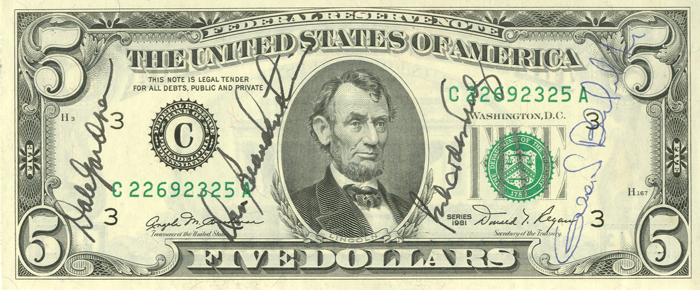 Astronaut Autographed 5 Dollar Bill